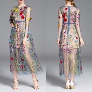 Anthropologie Floral Embroidered Maxi Dress - Multicolor